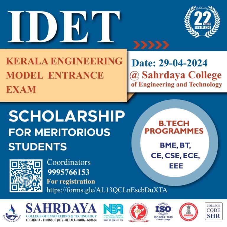 IDET – Budding Engineer Scholarship – 2024     Model Engineering Entrance Test on 29-04-2024